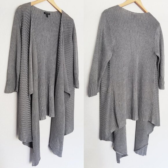 Eileen Fisher Linen Silk Blend Rib Knit Open Front Waterfall‎ Cardigan M Gray - Picture 1 of 16